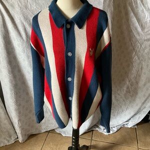 PacSun PLAYBOY Striped Button-Front Knit Cardigan in Navy, Red & Cream